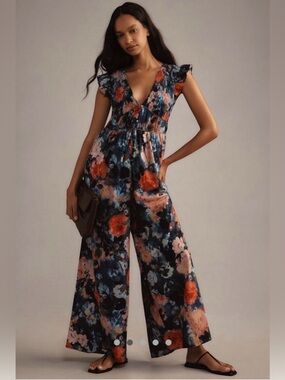 Anthropologie Peregrine Jumpsuit Eyelet Floral Flutter short sleeve stretch  XL